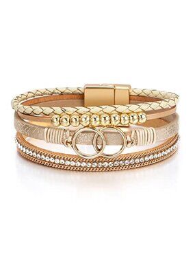 Womens Leather Wrap Bracelet Boho Beaded Agate Magnetic Clasp Cuff Jewelry